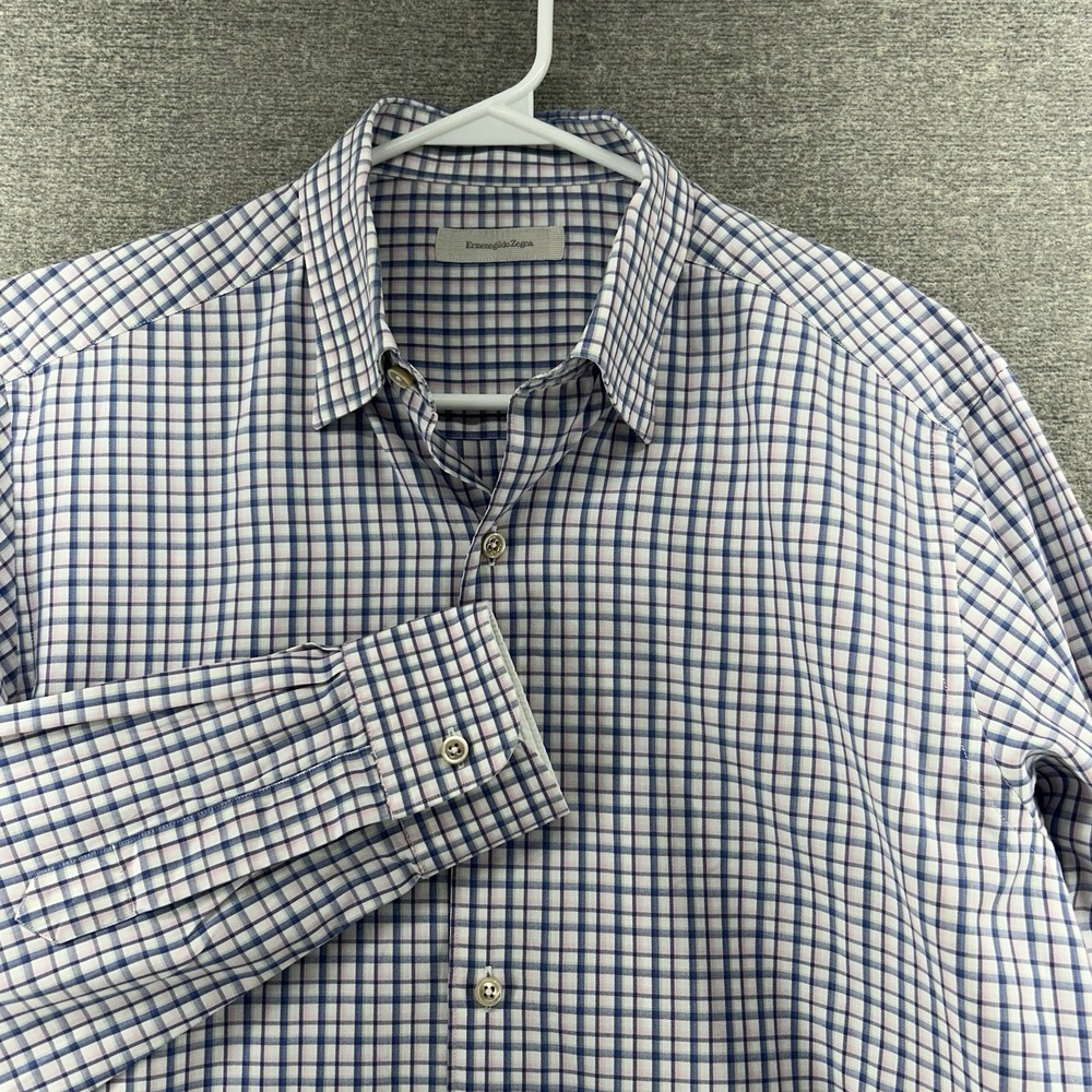 Ermenegildo Zegna Dress Shirt Men Sz‎ Large Blue Pink Check Long Sleeve